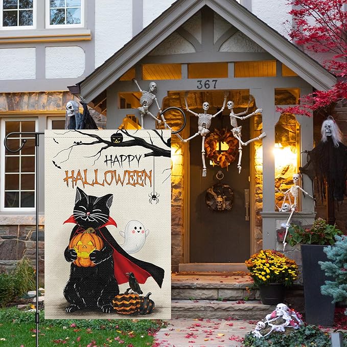 Louise Maelys Halloween Black Cat Garden Flag 12x18 Double Sided, Burlap Small Welcome Halloween Spooky Pumpkin Yard House Flags Seasonal Holiday Outdoor Outside Decor (ONLY FLAG)