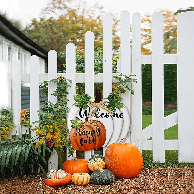 Metal Yard Pumpkin Fall Stakes Decorative Standing Garden Welcome Signs Lawn Stake Outdoor Autumn Harvest Halloween Thanksgiving Decor Pumpkins Pathway Decoration (White)