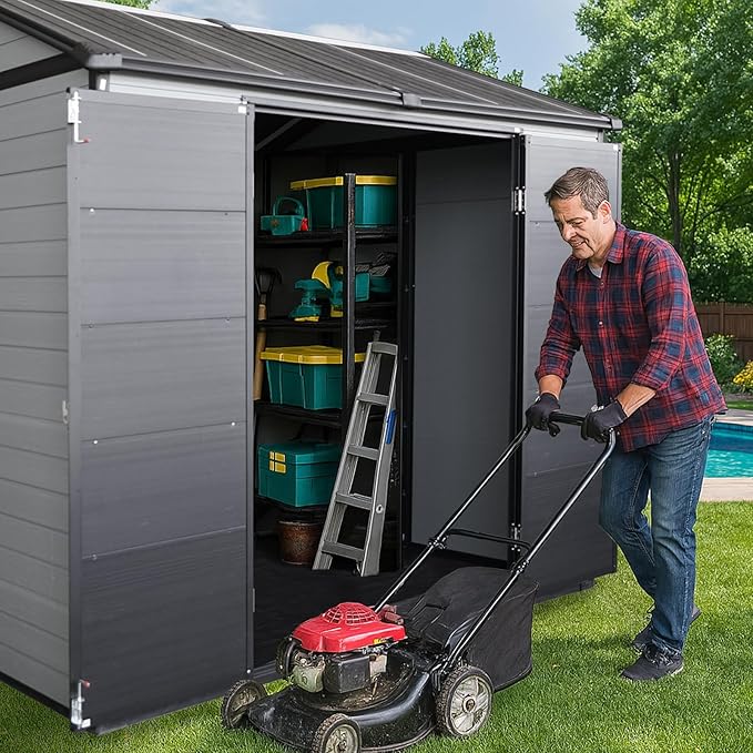 8x6 FT Resin Storage Sheds Outdoor with Floor Included, Plastic Sheds & Outdoor Storage Clearance with 2 Windows and Lockable Door, Backyard Storage Sheds for Garden Tools, Bike, Black+Grey