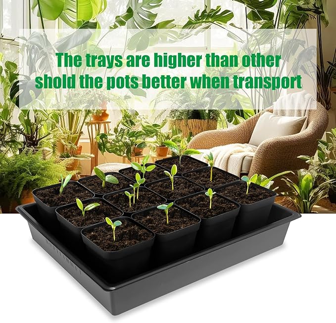 3.5 inch (9CM) Square Nursery Pots 60pcs, Sturdy Seedlings Trays 5 Pcs, Seeds Starter Germination Tray, Microgreenings Planter Nursery Propagation 5 Sets