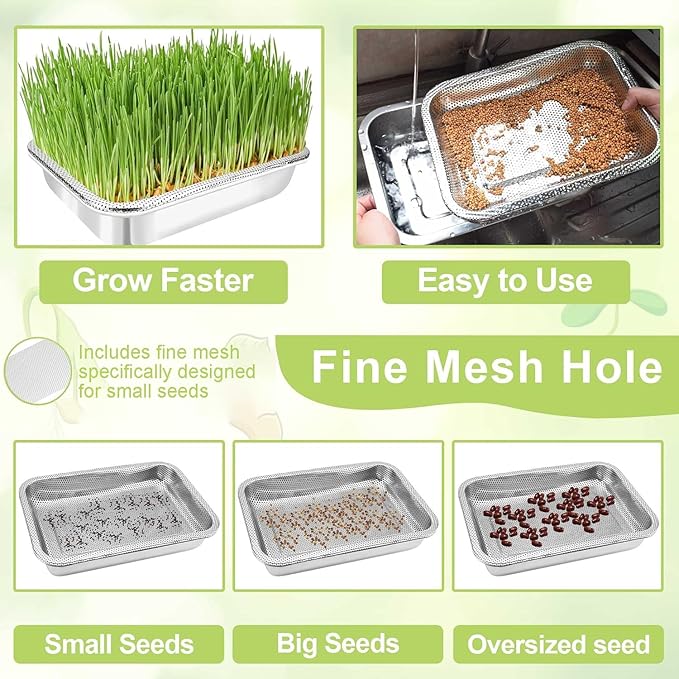 Stainless Steel Sprouts Growing Kit 3-Tier 12.4 inch Trays, Microgreens Growing Kit, Seed Sprouting Tray with Encrypted Mesh Sprouts for Beans Alfalfa Broccoli Wheat Grass