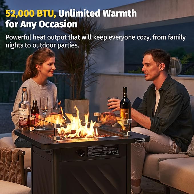 EAST OAK 28” Outdoor Propane Fire Pit Table | 52,000 BTU Gas Fire Pit for Outside with Easy-Hook Lid, Mesh Pocket & Lava Rocks | CSA Certified | Ideal for Patio, Garden & Backyard | Black