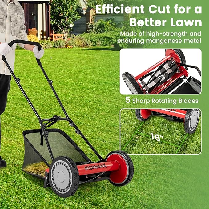 Goplus Manual Lawn Mower, 16 Inch 5-Blade Walk-Behind Cordless Grass Cutter with 7 Gallon Removable Grass Collect Bag, Adjustable Cutting Heights, Push Reel Lawn Mower for Yard, Garden