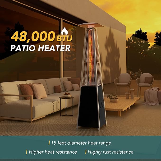 Pamapic Pool Heater Patio Heater, Pyramid 48,000 BTU Portable Heater with Patio Cover, Propane Outdoor Heaters for Patio, Backyard, Balcony with Wheels(Hammered Gray)