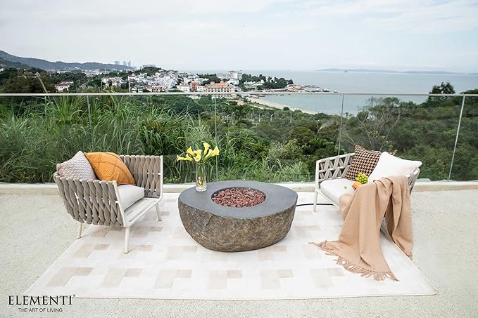 Elementi | Boulder Gas Fire Pit Cast Concrete Semi-Round Fire Table, Outdoor Fire Pit Electronic Ignition | Canvas Cover, Lava Rock Included | Natural Gas