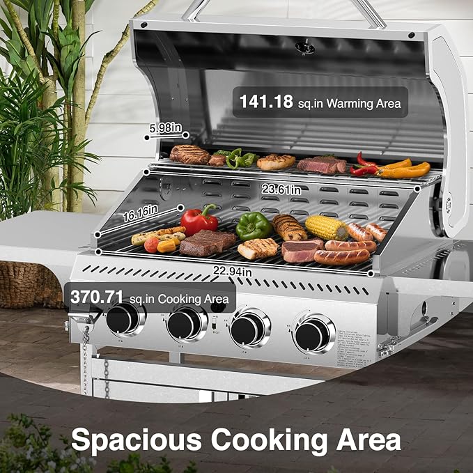 4-Burner Propane Gas Grill with 304 Stainless Steel Cooking Grid, Hanging Hooks/Heat-Resistant Handle, 32000BTU Stainless Steel BBQ Grill with Portable Wheels for Camping/Patio/Backyard