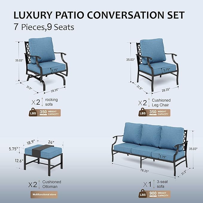 HERA'S HOUSE 7 Piece Patio Furniture Set, 2 x Rocking Chair, 2 x Fixed Chair, 2 x Ottoman, 1 x 3-Seat Sofa, All Cushioned 9 Seats Metal Outdoor Conversation Set for Lawn Garden Backyard