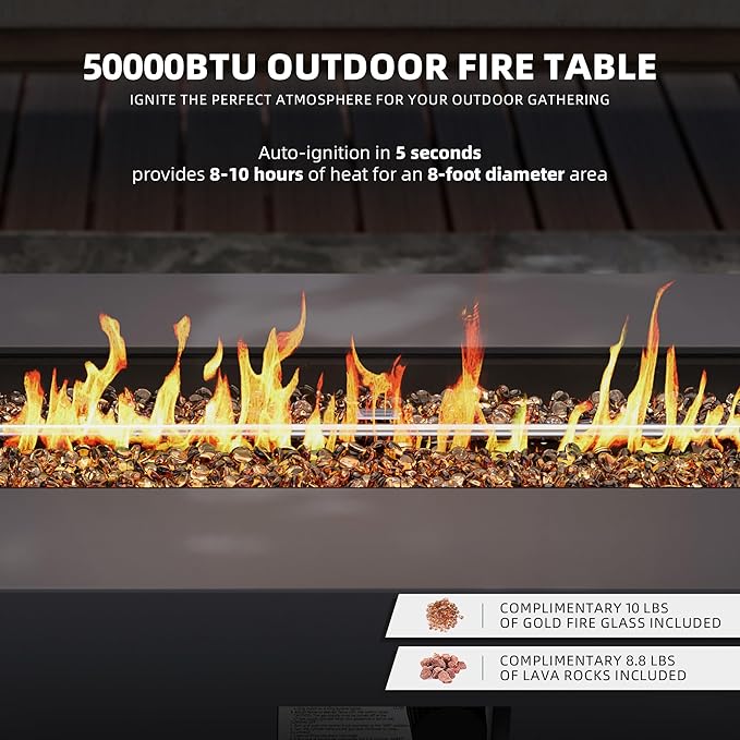 UPHA 42-inch Outdoor Propane Gas Fire Pit Table 50000 BTU Iron Rectangle Firepit for Outside Patio with Tank Hidden Table, Removable Lid, Gold Glass Rocks, Rain Cover, Dark Grey