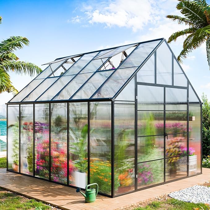 Greenhouse, 10x12 FT Easy Assembly Hybrid Polycarbonate Greenhouses for Outdoors w/2 Vent Windows & Swing Door Walk-in Greenhouses Aluminum Green House for Garden Backyard, Black