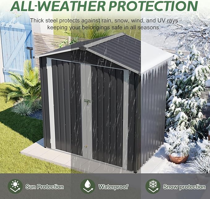 6 x 4 FT Outdoor Storage Shed with Floor Base & Lockable Hinge Door,Metal Garden Shed W/Sloped Roof,for Backyard Patio Lawn,Gray