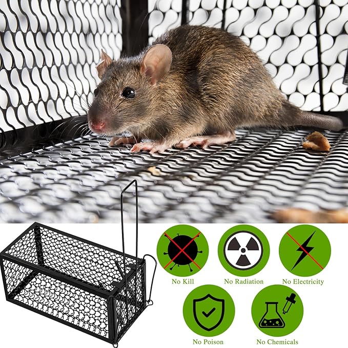 Qualirey 1 Pcs Humane Rat Trap Chipmunk Rodent Mouse Squirrel Trap Small Live Animal Mouse Voles Hamsters Live Cage Rat Cage for Mice Easy to Catch and Release (Black)