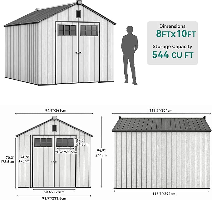 YITAHOME 8x10 FT Outdoor Storage Shed with Floor, Plastic Garden Shed for Bikes, Tools, and Pool Supplies, Outdoor Resin Shed with Lockable Doors, Windows, and Vents for Patio, Lawn, Backyard, Gray