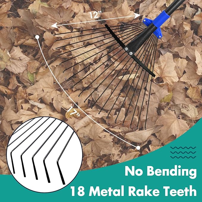 Rake, Leaf Rake with Expandable Head,18 Teeth, Adjustable 53 Inch Long Handle, 17 Inch Wide, Heavy Duty Collapsible Yard Rakes for Lawn Flowers Beds Gardening