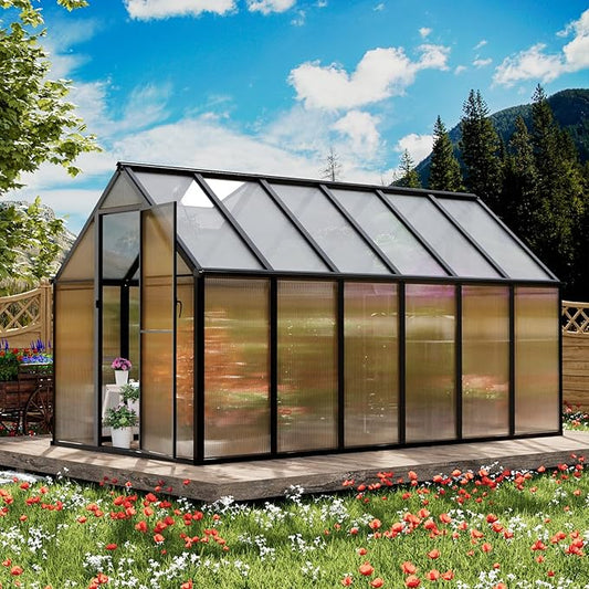 6'x12' Snap-Together Greenhouse - Easy 3-Way Connectors, Heavy-Duty Aluminum Frame, Wind/Snow Resistant for Gardening/Urban Farming, Includes Sliding Door and Ventilation Windows