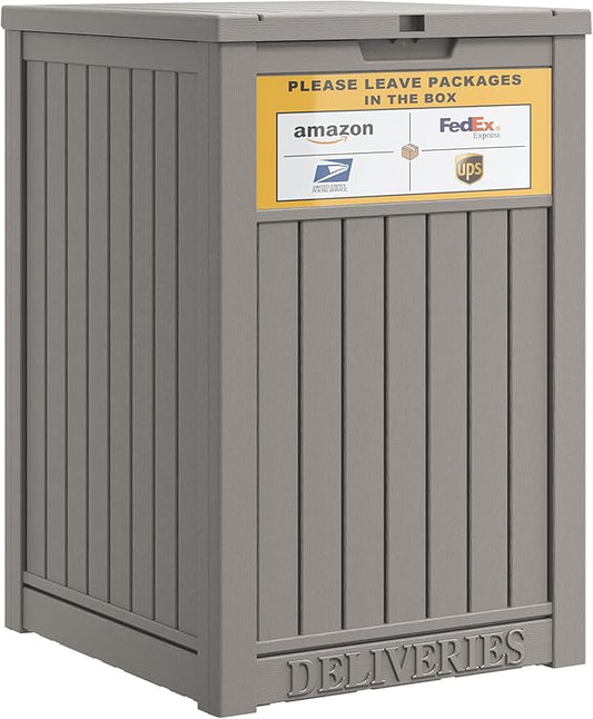 49 Gallon Package Delivery Boxes for Outside, Outside Storage Box Waterproof with Sign, Lockable Storage Box, Large Double-Walled Resin Weatherproof Deck Box for Porch and Patio, Grey