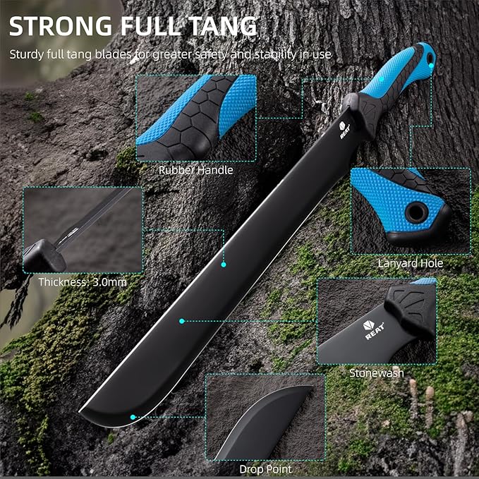 REAT Gardening Heavy Duty Machete,24" Full Tang Machete with Shaeth,Ergonomic No-Slip Handle,Machetes for Bushcraft, Outdoor Hunting, Garden Cutting Trees and Yard Work (Blue)