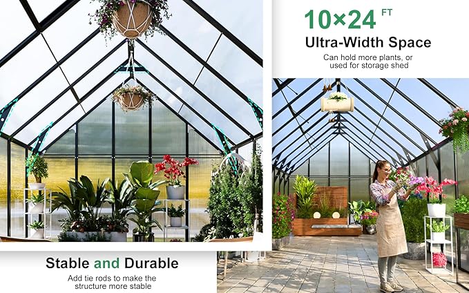 CDCASA 24x10x10 FT Greenhouse for Outdoors, Large Thicker Aluminum Heavy Duty Polycarbonate Greenhouses Kit w/5 Vent Windows, Swing Door, Walk-in Green House for Sunroom Patio,Backyard