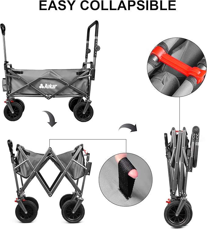 Collapsible Canopy Wagon - Heavy Duty Utility Outdoor Foldable Garden Cart - with Adjustable Push Pulling Handles,Big Wheels for Sand, for Shopping, Picnic, Camping, Sports - Grey