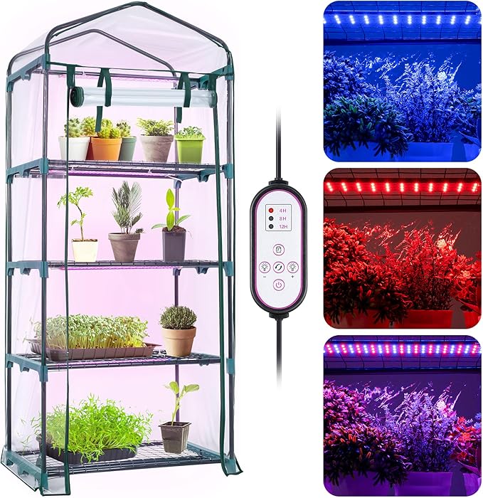 Meonum Indoor Greenhouse with LED Grow Lights, 4 Tier Mini Greenhouse with Roll-Up Zipper PVC Waterproof Cover and Trays, Dimmable Plant Grow Light for Indoor Plant with Timer, 27 L X 19 W X 63 H
