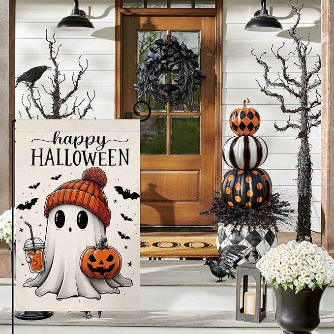 BLKWHT Halloween Ghost Garden Flag 12x18 Vertical Double Sided Black Bat Happy Fall Holiday Outside Decorations Burlap Yard Flag BW836