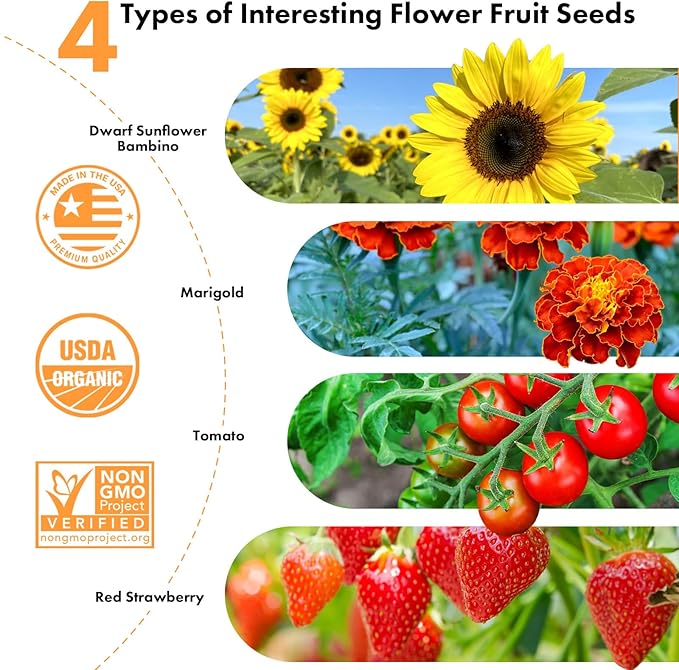 LYKOCLEAN Flower Fruit Seed Pods for AeroGarden, Ahopegarden, iDOO Hydroponics Growing System Indoor, 350 Seeds Including Dwarf Sunflower Bambino, French Marigold, Red Tomato, Red Strawberry (12-Pods)