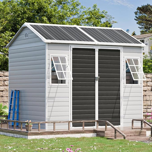 CDCASA 8x6 FT Resin Storage Shed, Waterproof Large Outdoor Sheds with Floor Included & Adjustable Openable Windows, Outside Plastic Tool Shed for Backyard Patio Poolside Garden, Dove Grey