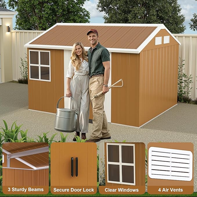 Outdoor Tool Shed 8x10 FT Heavy-Duty Metal Storage Shed with Lockable Door, Windows & Ventilation - Weather-Resistant Roof Garden Shed for Backyard, Patio, Lawn (Brown)