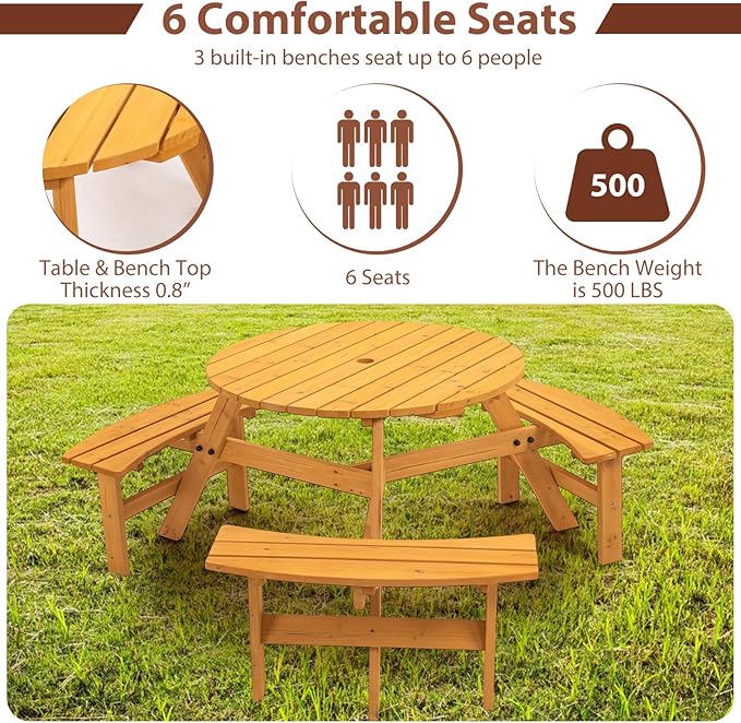 6-Person Outdoor Circular Wooden Picnic Table with 3 Built-in Benches Camping Dining Table for Garden Patio Backyard,Natural Color