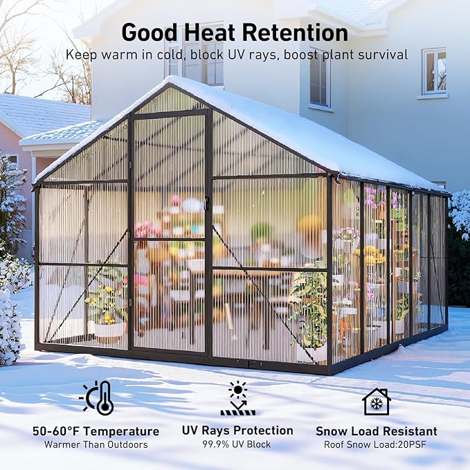 8x10FT Greenhouses for Outdoors, Polycarbonate Green House with UV Protection, Heavy Duty Greenhouse with Windproof Aluminum Frame, Roof Vent & Quick-Install Design for Backyard or Garden Use