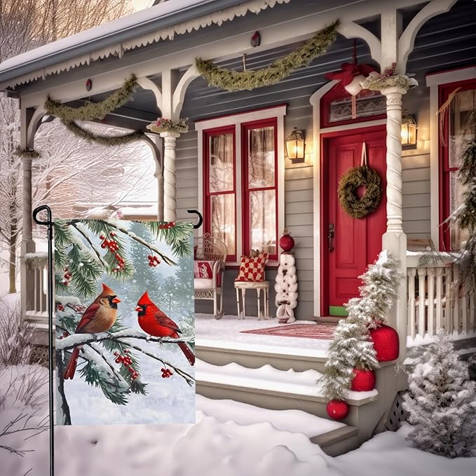 Winter Cardinal Bird Garden Flag Red Bird Pine Twigs Yard Flag Double Sided Polyester Holly Berry Snow Seasonal Garden Flags for Outdoor Farmhouse Christams Holiday Decor 12x18 Inch