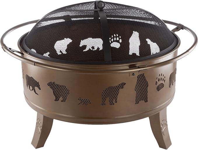 Pure Garden 50-LG1202 32” Outdoor Deep Fire Pit-Round Large Steel Bowl with Bear Cutouts, Mesh Spark Screen, Log Poker & Storage Cover-Patio Wood Burning, Antique Gold