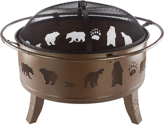 Pure Garden 50-LG1202 32” Outdoor Deep Fire Pit-Round Large Steel Bowl with Bear Cutouts, Mesh Spark Screen, Log Poker & Storage Cover-Patio Wood Burning, Antique Gold