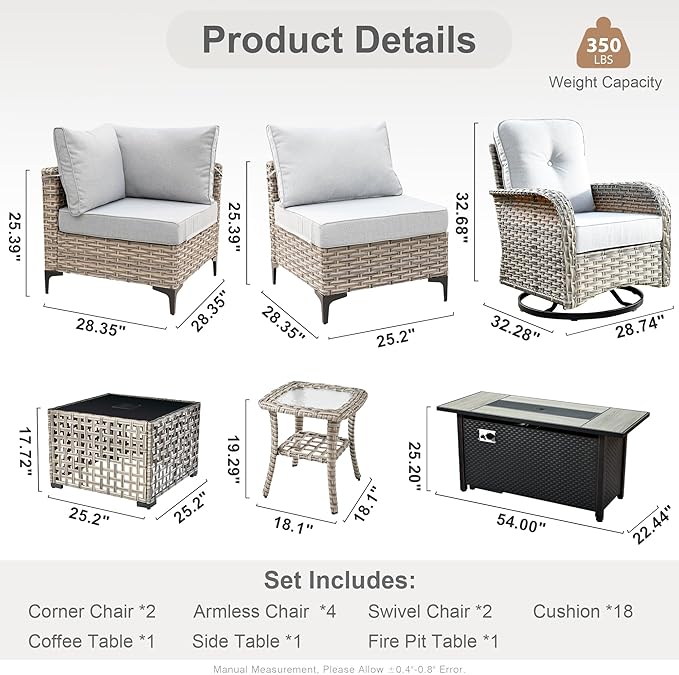 HOOOWOOO Outdoor Patio Furniture Set with Fire Pit Table,11 Pieces Wicker Out Door Sectional Furniture L Shaped Couch,Outside Patio Conversation Sets Swivel Chair,Light Gray