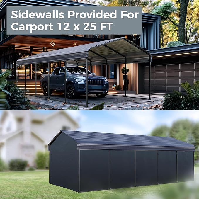 GREEN PARTY 12 x 25 ft Metal Carport Kits with Galvanized Steel Roof & Removable Sidewalls, Heavy Duty Metal Carport Canopy, Outdoor Car Tent Metal Garage Shelter for Car, SUV, Truck and Boats, Gray