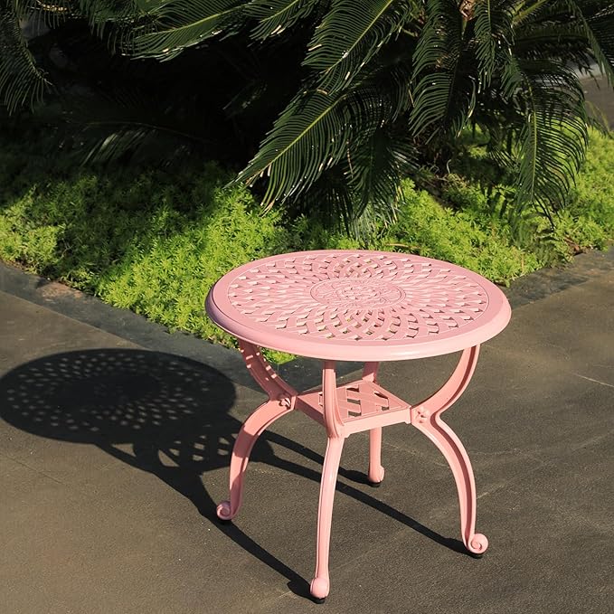 Cast Aluminum Outdoor Side Table,Small Patio Table,Outdoor Coffee Tables for Patio,Garden,Balcony, for All Weather(Pink, Round)