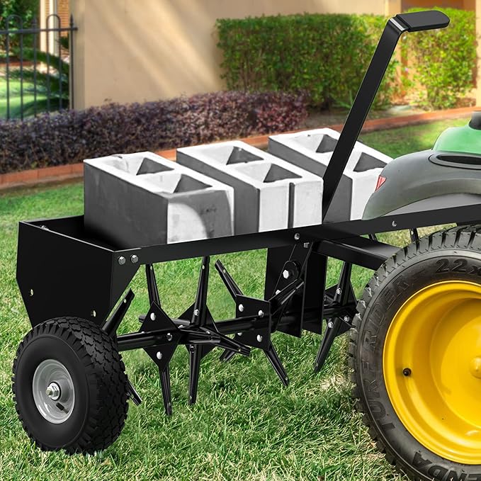 YITAMOTOR 48" Tow Plug Lawn Aerator with Universal Hitch,Black Painted Galvanized Steel with Tray and Inflatable Wheels, Lawn Aerator Tow Behind for Garden, Farm and Lawn