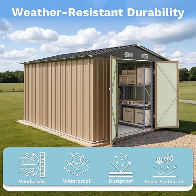 Greesum 8x10FT Outdoor Storage Shed, Metal Storaged Sheds with Lockable Doors, Sheds & Outdoor Storage for Bike, Backyard, Pool and Garden, Brown
