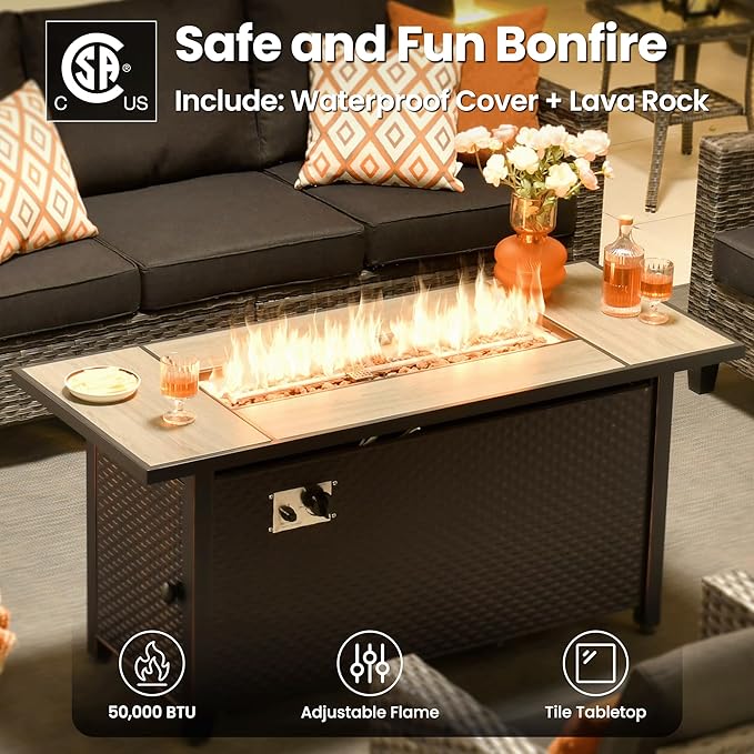 ovios 10 Pieces Patio Furniture Set with Swivel Chairs Rocking Gliders, 54" Fire Pit Table, Outdoor Sofa Couch with Solar Lights Table, Modern Deep Seat Wicker Rattan Conversation Set, Black