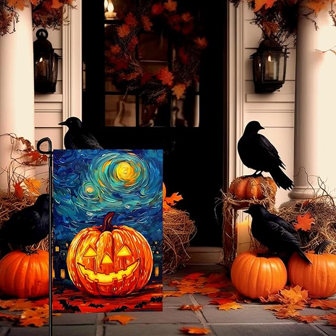 Halloween Garden Flag Pumpkin Van Gogh Arts Yard Flag Arts Starry Night Sky Moon Bat Double Sided House Banner Fall Oil Paintitng Porch Patio Lawn Farmhouse Outside Decor 12 x 18 Inch