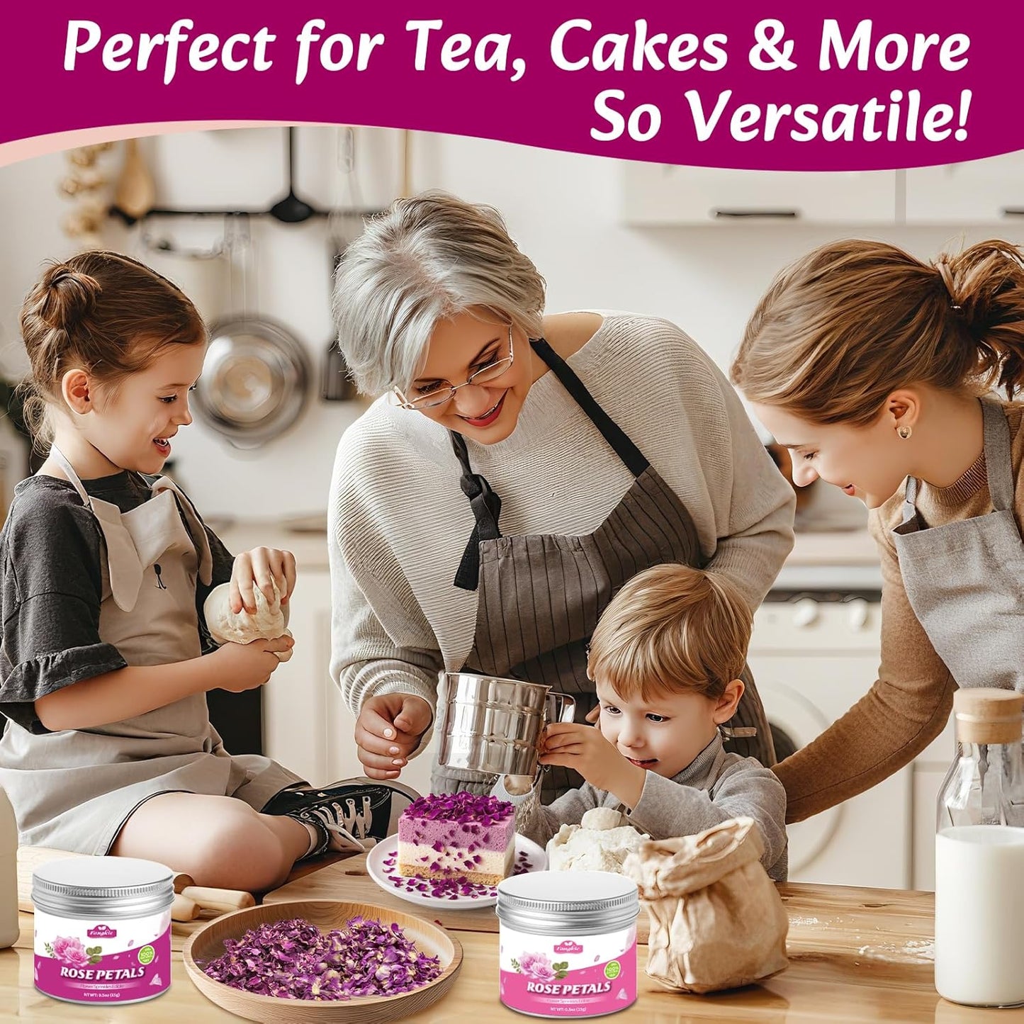 Fangkic Edible Rose Flower Petals for Cake, 2-Pack-0.5oz Each, 3AAA Food Grade Dried Double rose and Damascus Rose Flower Sprinkle for Baking, Cocktails, Tea, Soap –Gluten-Free, No Additives