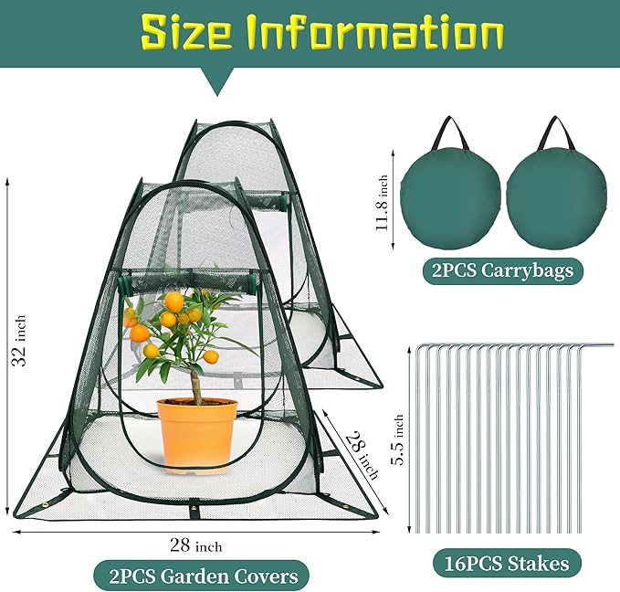 2 Packs Pop up Garden Netting Cover Plant Guard Cover with 16 Stakes Bird Plant Tent Protector for Vegetables Fruits Flowers (2, 28 * 28 * 32 inch)