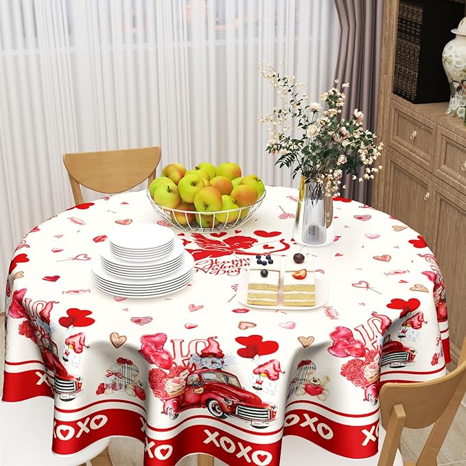 Valentines Round Tablecloth 60 Inches, Happy Valentine's Day Red Truck Table Cloth,Valentine Gnomes Love Hearts Cupid Table Cover for Wedding Anniversary, Proposals, Kitchen, Dining, Party Decor