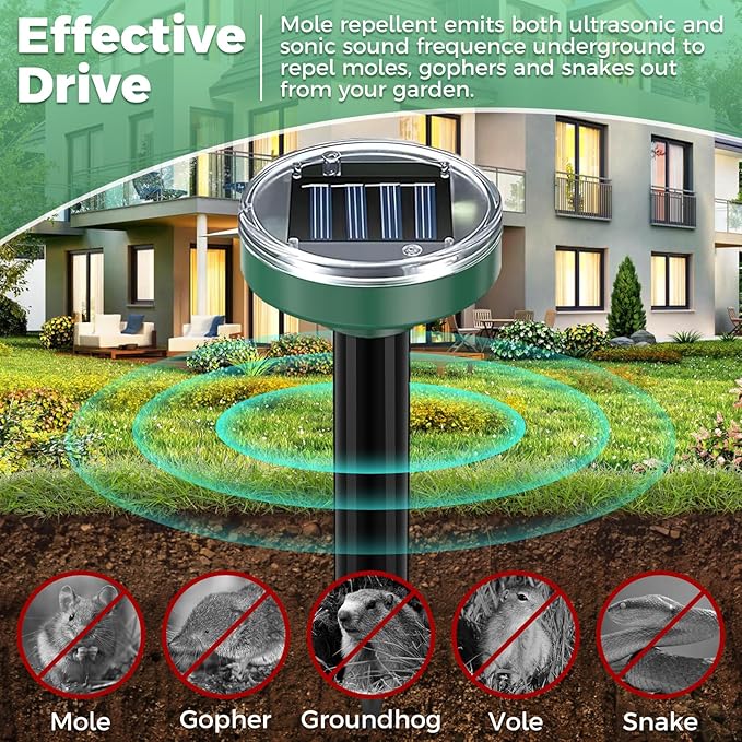 Mole Repellent,10 Pack Solar Powered Ultrasonic Gopher Vole Repellent for Outdoor lawns Garden & Yard,IP 44 Waterproof Sonic Spikes Pest Repellent Mole Killer,Moles Remover,Pet Safe