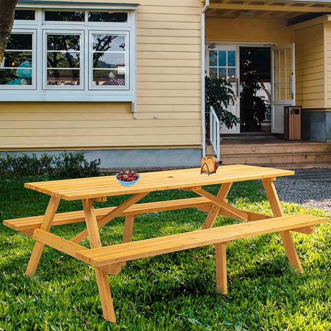 Outdoor Wooden Picnic Table with Benches Camping Dining Table for Garden Patio Backyard,Natural Color (Natural, Rectangle)