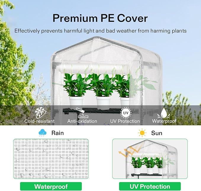VIVOSUN Mini 4-Tier Greenhouse with Wheels, 27 x 19 x 63-Inch Reusable Portable Warm House with White PE Cover and Shelf for Compact Garden and Small Backyards, with Wheels