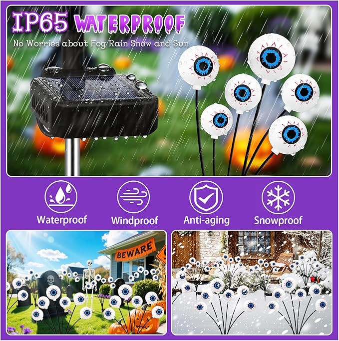 Kohlrabi Halloween Decorations Outdoor, 6 Pack 36 LED Solar Scary Eyeball Swaying Lights, Purple Solar Firefly Light Waterproof Outdoor Garden Lights for Halloween Yard Garden Lawn Party Flower Bed