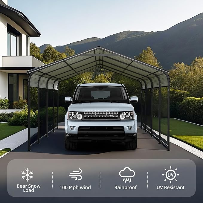 12x20 FT Heavy Duty Metal Carport with Galvanized Steel Roof with Enhanced Base Outdoor Car Port Shelter for Cars, Trucks and Boats
