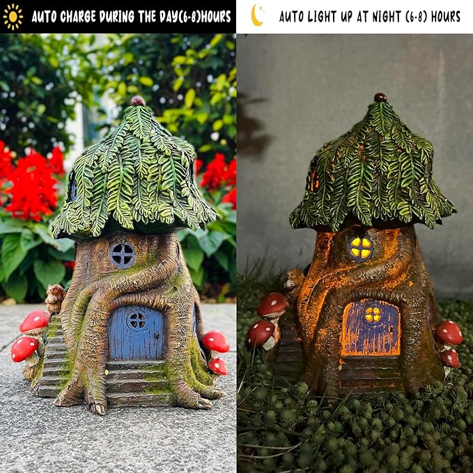 COWOS Solar Light Fairy Tree House, Fairy Garden House Statues,Tree House Figurines with Solar Light for Indoor Outdoor Art Decorations, Patio Yard Lawn Ornaments Gift