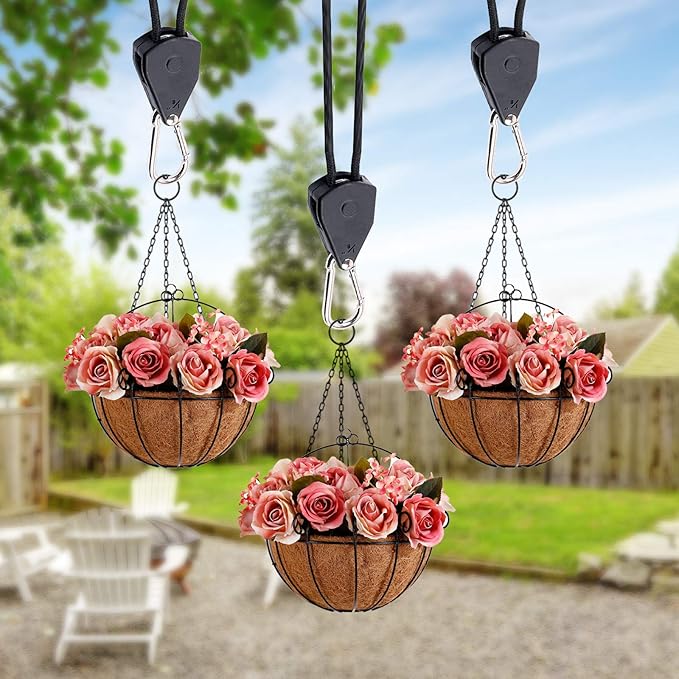 Rope Clip Hanger, 12 Packs 1/8 in Reinforced Adjustable Height Anti-Loose Design Gears Clip for Growing Light Fixtures, Hanging Plants, 8 FT Length 150lbs Weight Capacity