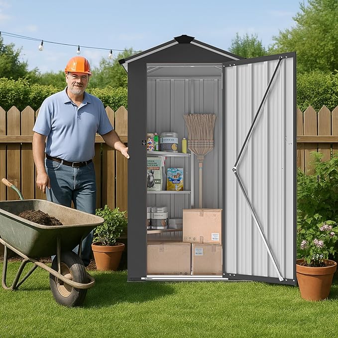 2.5x1.4 FT Heavy-Duty Black Metal Storage Shed–Lockable Small Tool Shed with Adjustable Shelves Garden Sheds & Outdoor Storage, Tool Shed Outdoor Storage in Garden, Backyard, Patio, Poolside
